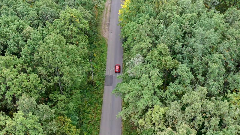 Εναέρια άποψη της οδήγησης κόκκινου αυτοκινήτου σε επαρχιακό δρόμο στο δάσος