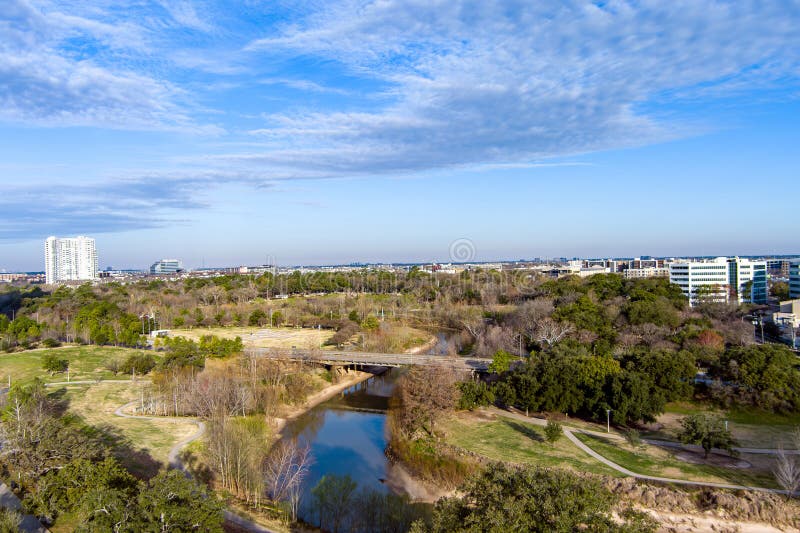 Aerial view of the Buffalo Bayou in Houston Texas during winter. Aerial view of the Buffalo Bayou in Houston Texas during winter.