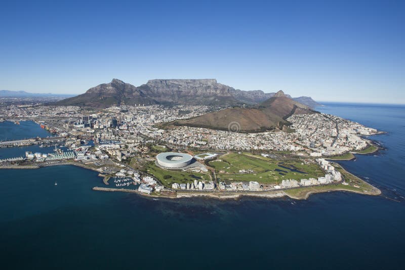 An aerial view of Table Mountain and the city bowl in Capetown South Africa. An aerial view of Table Mountain and the city bowl in Capetown South Africa