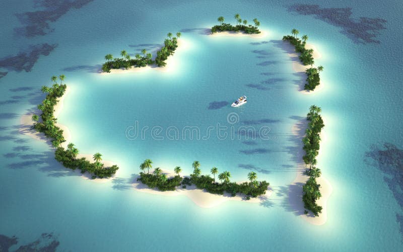 Aerial view of a heart-shaped island in a turquoise water with a yacht as a concept for quiet and romantic vacations. Aerial view of a heart-shaped island in a turquoise water with a yacht as a concept for quiet and romantic vacations