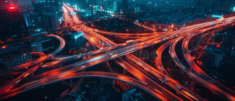 εναέρια προοπτική μιας ζωντανής πόλης τη νύχτα που επισημαίνει ένα πολύπλοκο δίκτυο διασταυρωμένων αυτοκινητοδρόμων που διαμορφώνο διανυσματική απεικόνιση