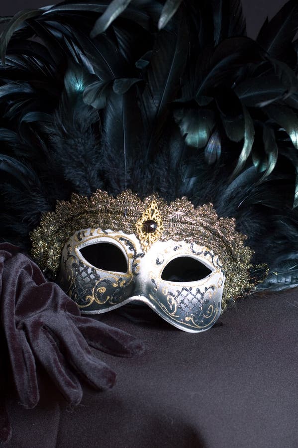Venetian mask with plumage and black gloves. Venetian mask with plumage and black gloves