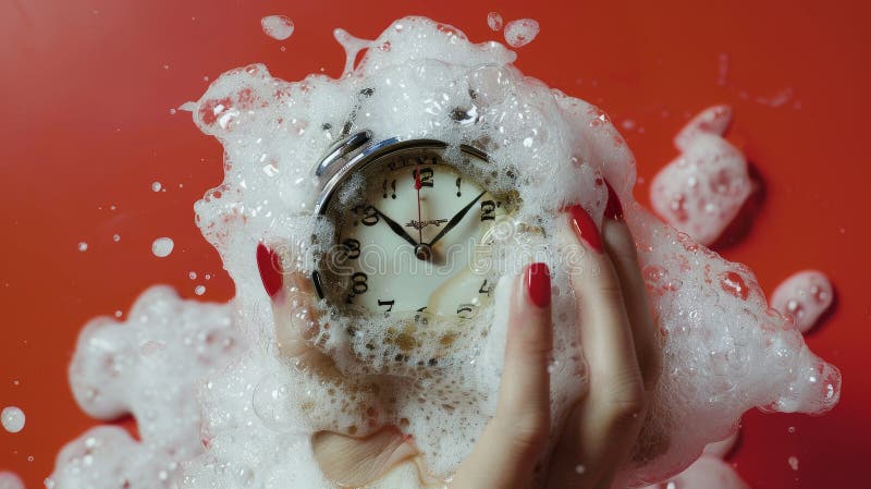 A striking image featuring a woman&#x27;s hand with bold red nails clutching an alarm clock surrounded by white foam against a vibrant red background. This artistic depiction highlights themes of urgency, time slipping away, and the fleeting nature of moments. AI generated. A striking image featuring a woman&#x27;s hand with bold red nails clutching an alarm clock surrounded by white foam against a vibrant red background. This artistic depiction highlights themes of urgency, time slipping away, and the fleeting nature of moments. AI generated