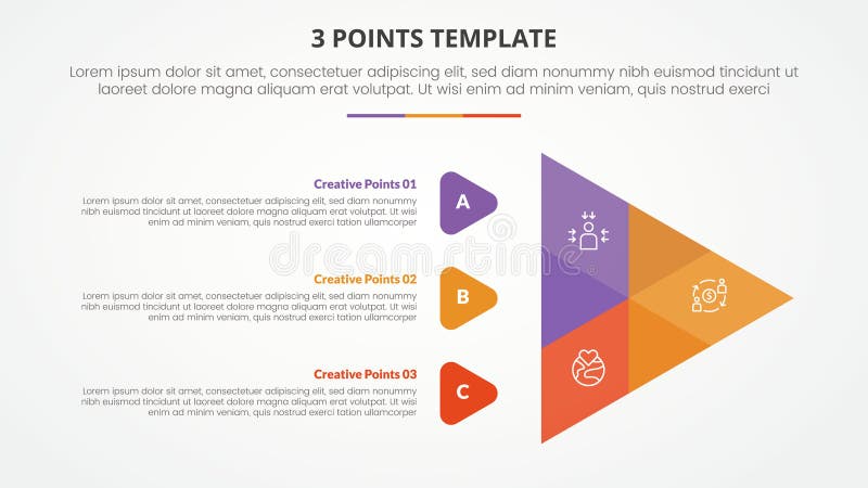 3 points stage template infographic concept for slide presentation with venn blending sharp arrow triangle with 3 point list with flat style vector. 3 points stage template infographic concept for slide presentation with venn blending sharp arrow triangle with 3 point list with flat style vector