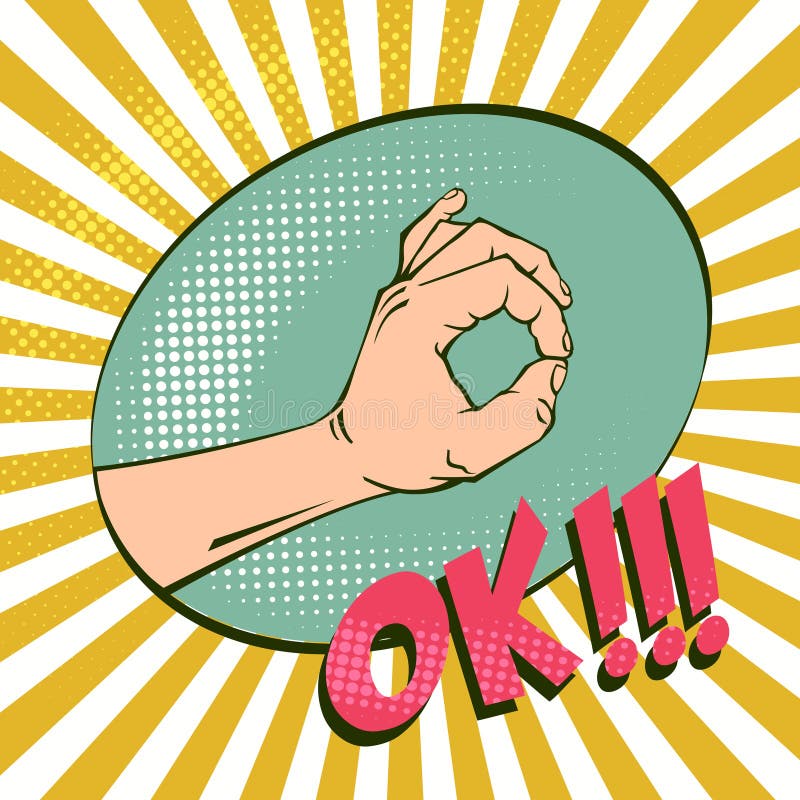 OK hand gesture, signifying agreement. Imitation retro illustrations. Vintage picture with halftones. Positive mood and good luck. pop art style. Business concept. OK hand gesture, signifying agreement. Imitation retro illustrations. Vintage picture with halftones. Positive mood and good luck. pop art style. Business concept.