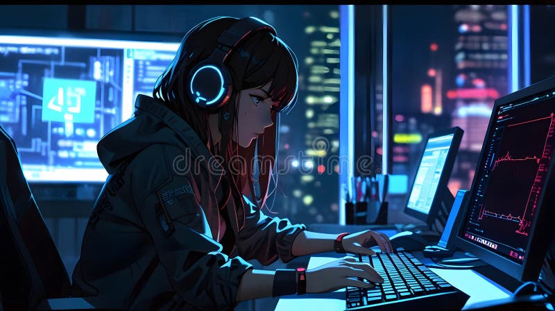 Εντυπωσιακή νυχτερινή σκηνή Cyberpunk Hacker με προηγμένη τεχνολογία και τοπίο διανυσματική απεικόνιση