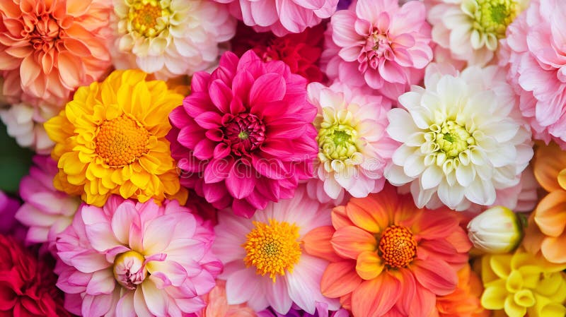 Εντυπωσιακή συστοιχία πολύχρωμων dahlias Δημιουργία μιας ζωντανής ροής επιχειρηματικής ιδέας. ελεύθερη απεικόνιση δικαιώματος