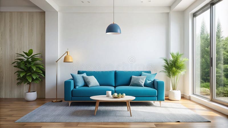 Εντυπωσιακό AIGenated Living Room Σχεδίαση ενός σύγχρονου χώρου με έναν τολμηρό μπλε καναπέ και ευκρινή λευκό τοίχο που εξερευνά ελεύθερη απεικόνιση δικαιώματος