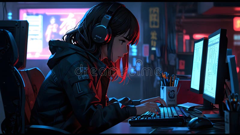 Εντυπωσιακός χώρος εργασίας χάκερ Cyberpunk με φόντο Neon Cityscape απεικόνιση αποθεμάτων