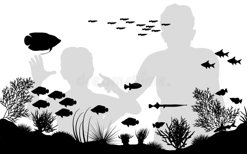 Editable illustration of mother and son looking at fish in an aquarium. Editable illustration of mother and son looking at fish in an aquarium