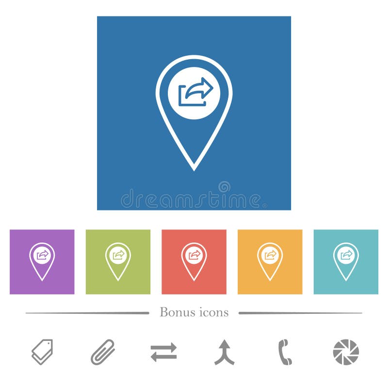 GPS location export flat white icons in square backgrounds. 6 bonus icons included. GPS location export flat white icons in square backgrounds. 6 bonus icons included