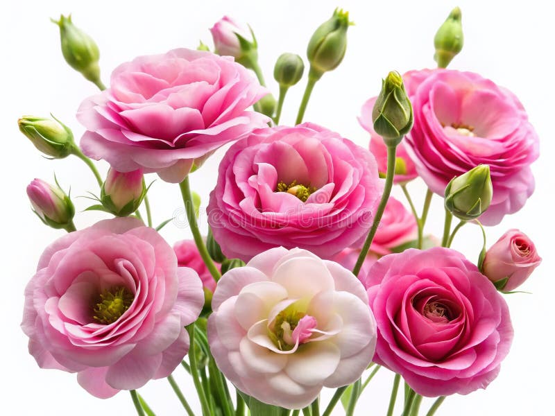 Εξαιρετικά ροζ Eustoma Lisianthus Άνθη και μπουμπούκια Κοντά Άνθη Ζωή Σε ένα παρθένο λευκό φόντο απεικόνιση αποθεμάτων