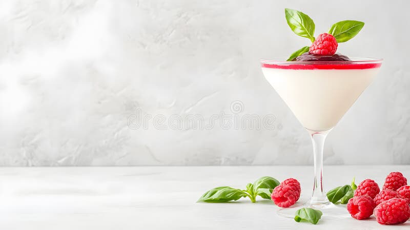 Εξαιρετικό γλυκό panna cotta που σερβίρεται σε ένα κοκτέιλ ποτήρι με σάλτσα βατόμουρου και φύλλα βασιλικού. Ιδανικό για gourmet στοκ φωτογραφίες