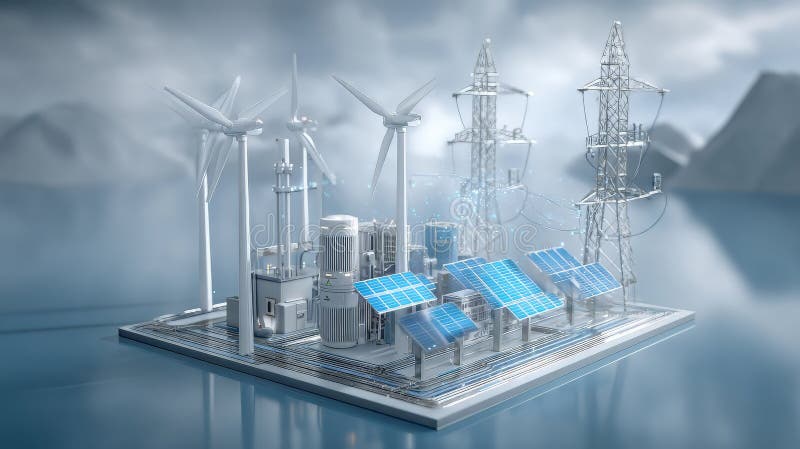 Εξερευνώντας την έξυπνη ζωή με IoT : Ανεμογεννήτριες και ηλιακοί συλλέκτες σε βιώσιμη πλωτή πλατφόρμα διανυσματική απεικόνιση