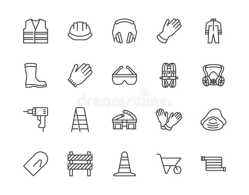 Safety equipment, required PPE flat line icons set. Protective gloves builder helmet respirator, harness vector illustrations. Outline signs personal protection. Pixel perfect 64x64. Editable Strokes. Safety equipment, required PPE flat line icons set. Protective gloves builder helmet respirator, harness vector illustrations. Outline signs personal protection. Pixel perfect 64x64. Editable Strokes.