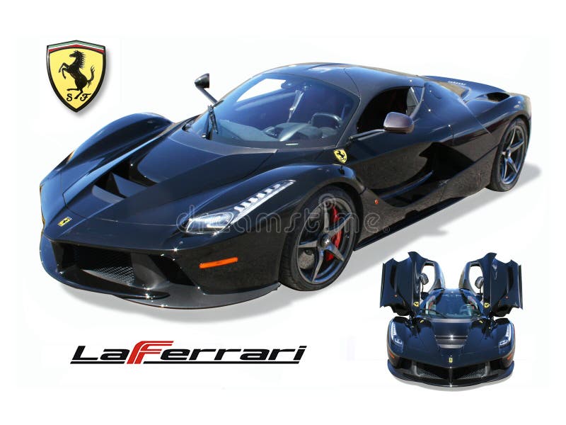 Ferrari LaFerrari Exotic Supercar- Black 2 view 3/4 driver front and front with doors open with logos over white background with clipping path. Ferrari LaFerrari Exotic Supercar- Black 2 view 3/4 driver front and front with doors open with logos over white background with clipping path.