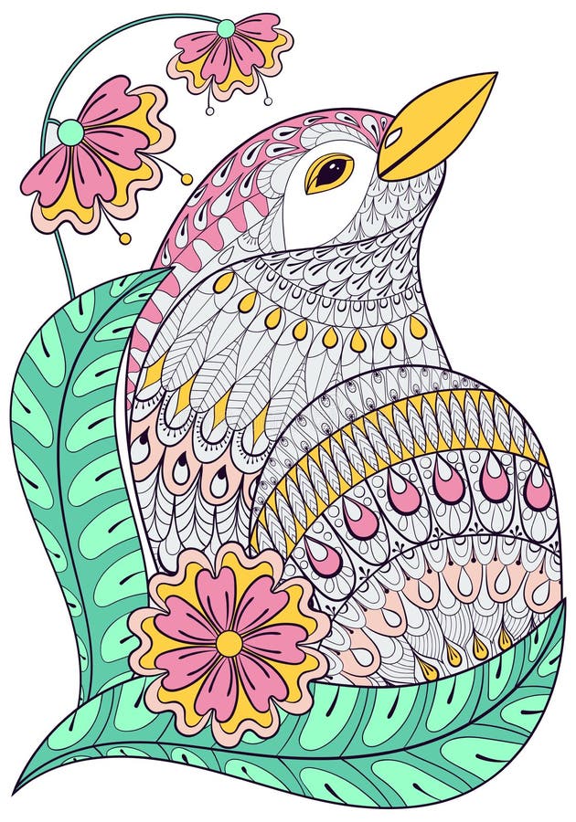 Εξωτικό πουλί Zentangle στα ζωηρόχρωμα λουλούδια ελεύθερη απεικόνιση δικαιώματος