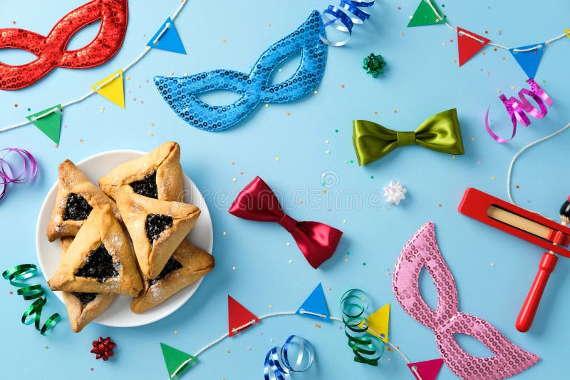 Εορτασμός Purim εβραϊκό καρναβάλι. Επίπεδη προβολή επάνω στοκ φωτογραφία με δικαίωμα ελεύθερης χρήσης