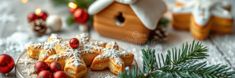 εορταστικά μπισκότα τακτοποιημένα σε διακοσμημένο τραπέζι με ένα σπιτάκι με τζίντζερ ψωμί και χειμερινά παράσημα στοκ εικόνες