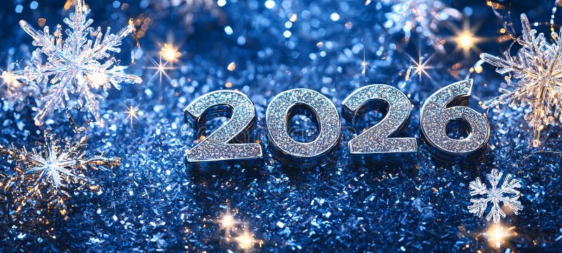 Εορταστική ιδέα για το νέο έτος 2026 με αστραφτερά αργυρά νούμερα σε λαμπερό μπλε φόντο που συμβολίζει τον εορτασμό και το νέο στοκ φωτογραφία με δικαίωμα ελεύθερης χρήσης