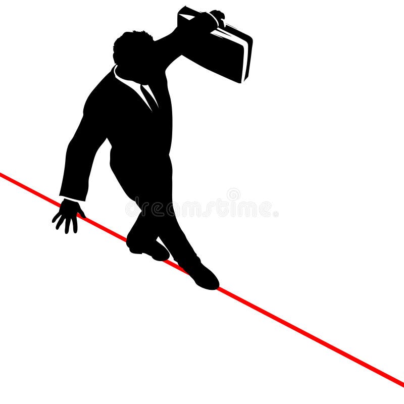 A business man walks a high wire tightrope, above risk and danger, the businessman balances with a briefcase. A business man walks a high wire tightrope, above risk and danger, the businessman balances with a briefcase.