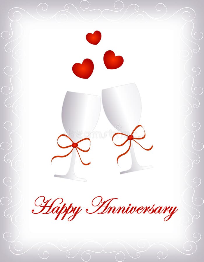 Happy Anniversary card in red letters with two wine glasses and red hearts on white background with silver border / frame. For personal wedding event or anniversaries. Happy Anniversary card in red letters with two wine glasses and red hearts on white background with silver border / frame. For personal wedding event or anniversaries.