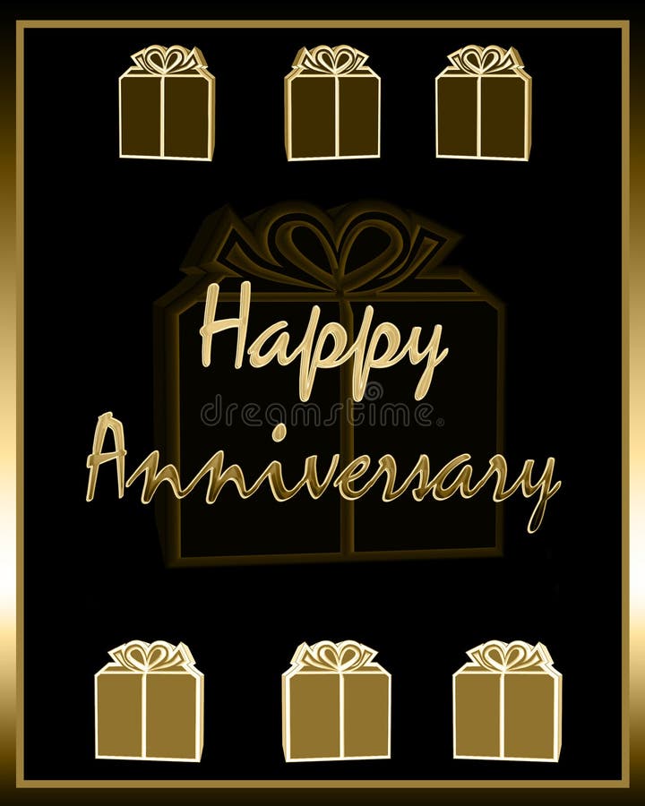 Happy Anniversary card in gold letters with matching presents with bows on black background with gold border frame. Good for personal wedding event or even business anniversaries. Happy Anniversary card in gold letters with matching presents with bows on black background with gold border frame. Good for personal wedding event or even business anniversaries.
