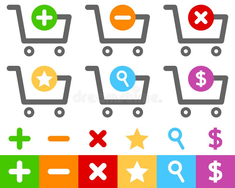 Collection of six colorful shopping cart flat icons, isolated on white background. Eps file available. Collection of six colorful shopping cart flat icons, isolated on white background. Eps file available.