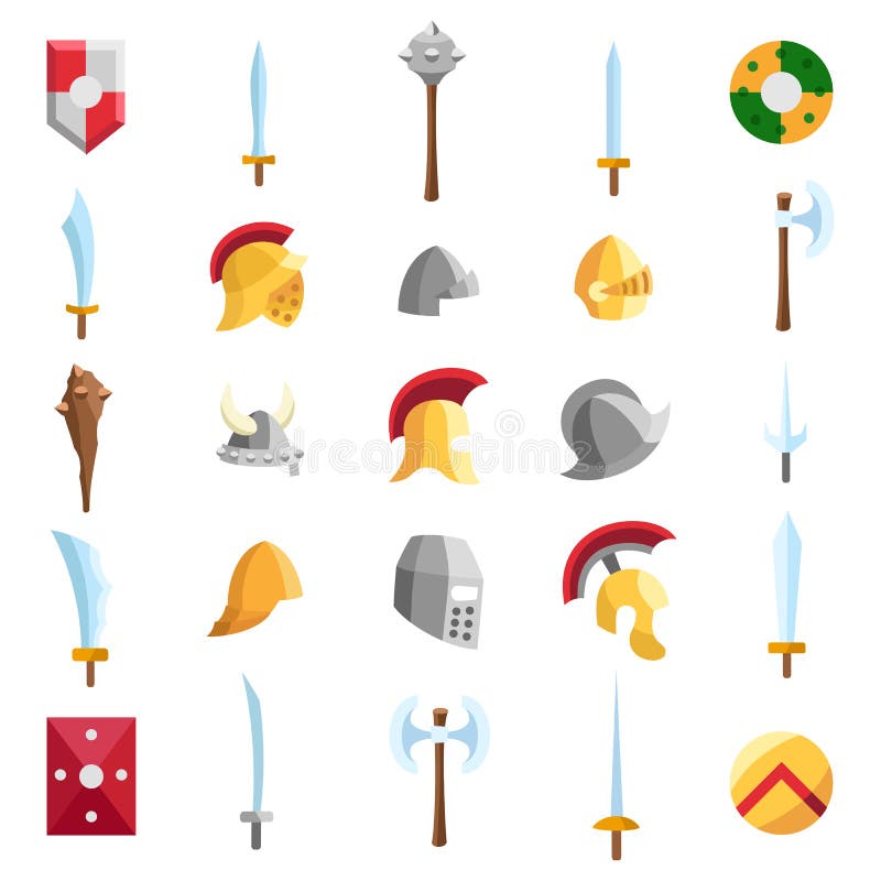 Medieval icons with different colours in flat style. Medieval icons with different colours in flat style.