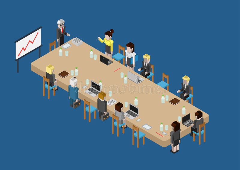 Flat 3d isometric business meeting, skull session, council, presentation, get-together, palaver web infographic concept vector. Group of character people big table, boss in center by blackboard. Flat 3d isometric business meeting, skull session, council, presentation, get-together, palaver web infographic concept vector. Group of character people big table, boss in center by blackboard.