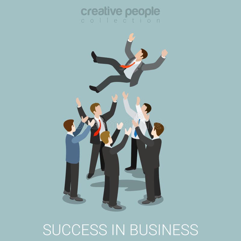 Flat 3d isometric style success in business concept web infographics vector illustration. Man throw toss up hands. Creative people website conceptual collection. Flat 3d isometric style success in business concept web infographics vector illustration. Man throw toss up hands. Creative people website conceptual collection.
