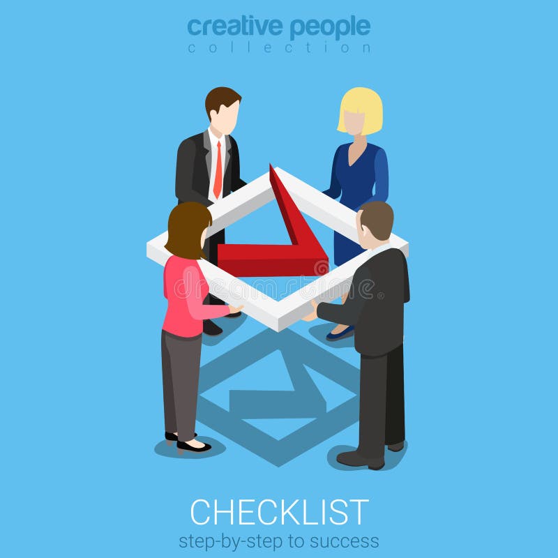 Flat 3d isometric style check list mark business concept web infographics vector illustration. Businesspeople hold big checkmark sign icon. Creative people website conceptual collection. Flat 3d isometric style check list mark business concept web infographics vector illustration. Businesspeople hold big checkmark sign icon. Creative people website conceptual collection.