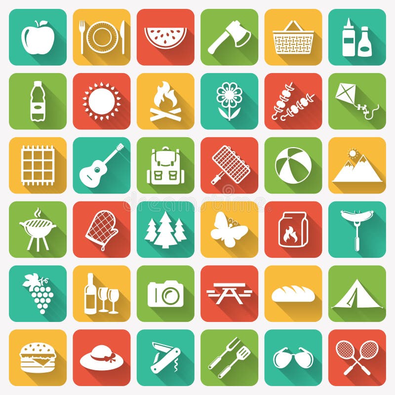 Picnic and barbecue modern web icons. Set of white symbols on multicolored square buttons for outdoor recreation theme. Flat elements with long shadows on colorful tile background. Vector collection. Picnic and barbecue modern web icons. Set of white symbols on multicolored square buttons for outdoor recreation theme. Flat elements with long shadows on colorful tile background. Vector collection.