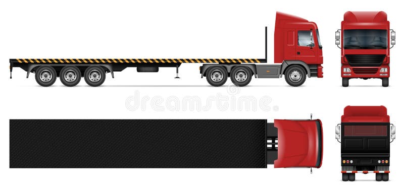 Flatbed trailer truck vector mockup on white for vehicle branding, corporate identity. View from side, front, back, top. All elements in the groups on separate layers for easy editing and recolor. Flatbed trailer truck vector mockup on white for vehicle branding, corporate identity. View from side, front, back, top. All elements in the groups on separate layers for easy editing and recolor