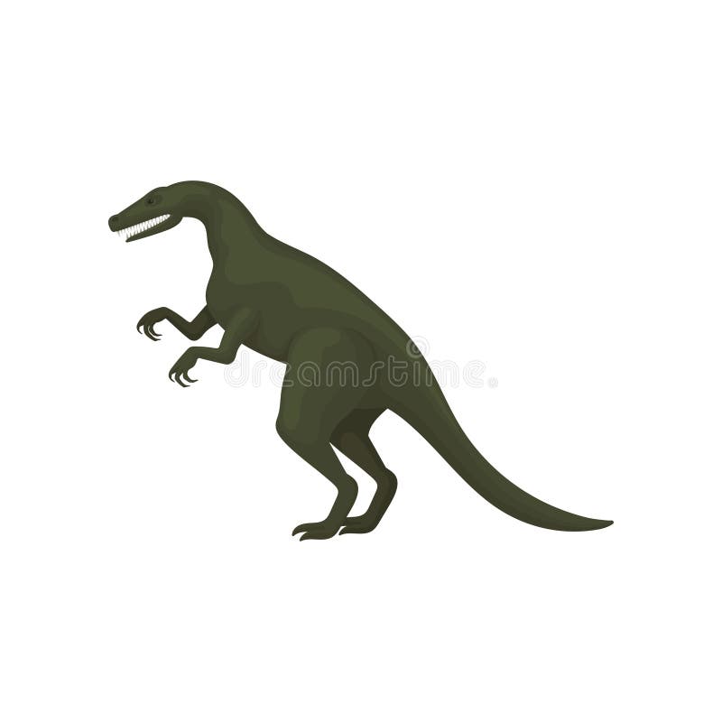 Cartoon character of troodon or velociraptor. Green dinosaur short fore paws, long tail and small sharp teeth. Prehistoric animal. Colorful flat vector illustration isolated on white background. Cartoon character of troodon or velociraptor. Green dinosaur short fore paws, long tail and small sharp teeth. Prehistoric animal. Colorful flat vector illustration isolated on white background.