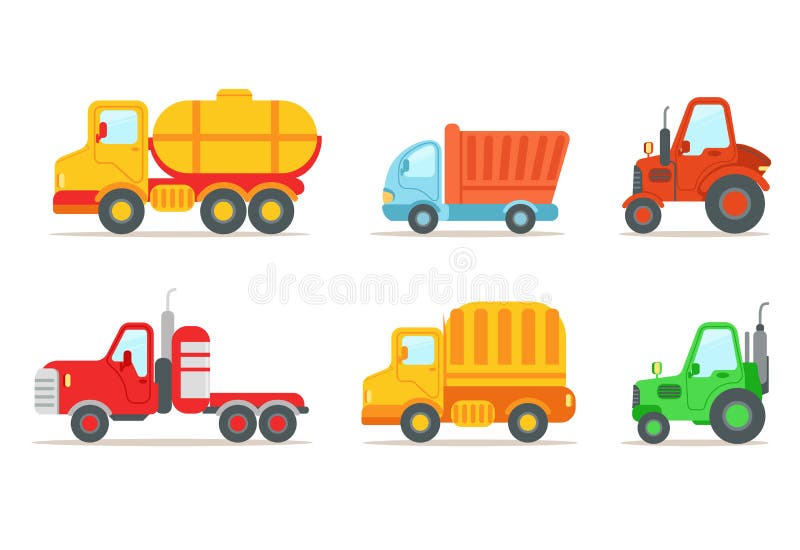 Collection of different types of vehicles. Semi trailer, tractors, lorry, truck with tank. Transport or car theme. Heavy machinery. Colorful vector icons in flat style isolated on white background. Collection of different types of vehicles. Semi trailer, tractors, lorry, truck with tank. Transport or car theme. Heavy machinery. Colorful vector icons in flat style isolated on white background.