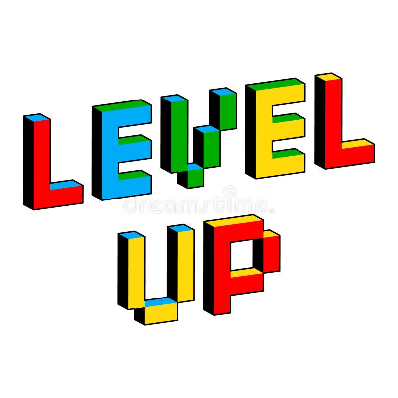 Level Up text in style of old 8-bit video games. Vibrant colorful 3D Pixel Letters. Creative digital vector poster, flyer template. Retro arcade, platformer, computer program screen. Gaming concept. Level Up text in style of old 8-bit video games. Vibrant colorful 3D Pixel Letters. Creative digital vector poster, flyer template. Retro arcade, platformer, computer program screen. Gaming concept.