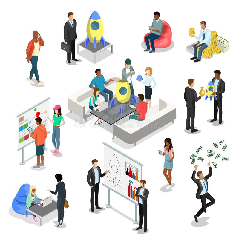 Επίπεδοι isometric τρισδιάστατοι χαρακτήρες ανθρώπων ξεκινήματος διανυσματική απεικόνιση Επίπεδοι isometric τρισδιάστατοι χαρακτήρες ανθρώπων ξεκινήματος διανυσματική απεικόνιση