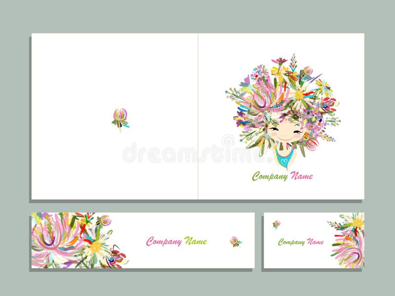 Business cards, floral girl for your design. Vector illustration. Business cards, floral girl for your design. Vector illustration