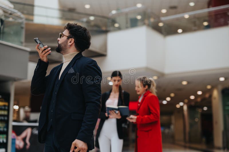 Modern business colleagues engaged with their phones in a busy shopping center, capturing the fusion of commerce and technology. Modern business colleagues engaged with their phones in a busy shopping center, capturing the fusion of commerce and technology.