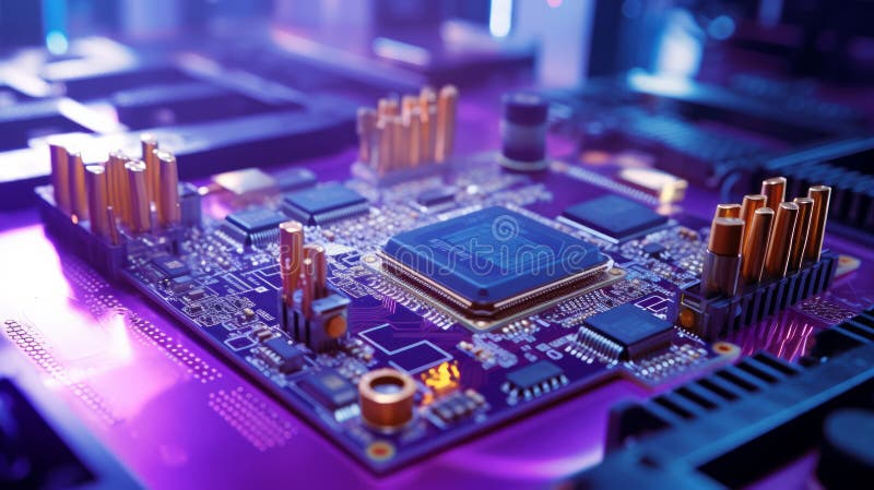 επεξεργαστής cpu στη σύγχρονη μητρική πλακέτα σε συνεργείο με μοβ ελαφρύ. νευρωνικό δίκτυο απεικόνιση αποθεμάτων