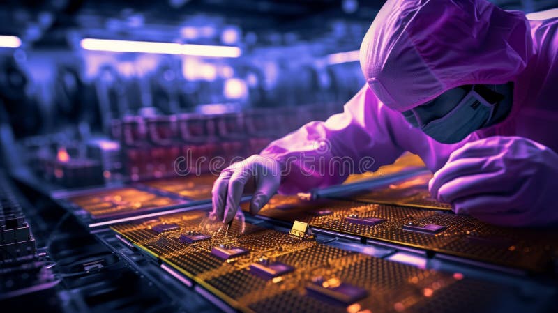 επεξεργαστής cpu στη σύγχρονη μητρική πλακέτα σε συνεργείο με μοβ ελαφρύ. νευρωνικό δίκτυο ελεύθερη απεικόνιση δικαιώματος