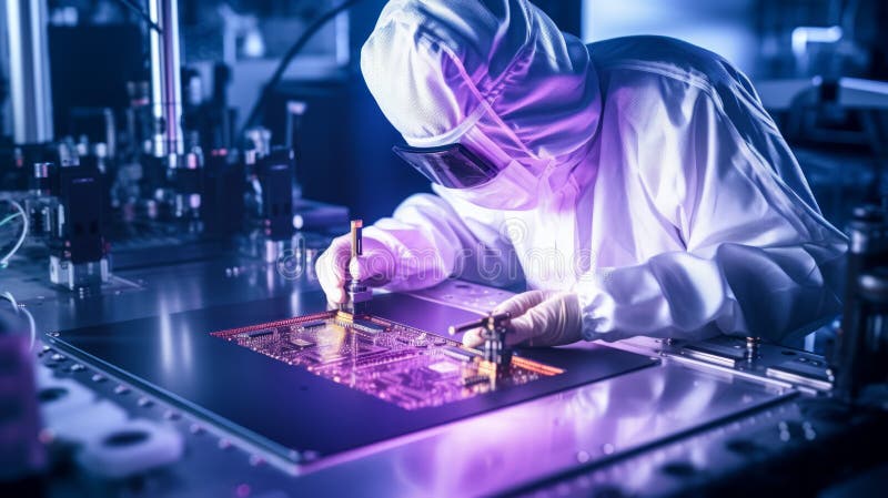 επεξεργαστής cpu στη σύγχρονη μητρική πλακέτα σε συνεργείο με μοβ ελαφρύ. νευρωνικό δίκτυο απεικόνιση αποθεμάτων