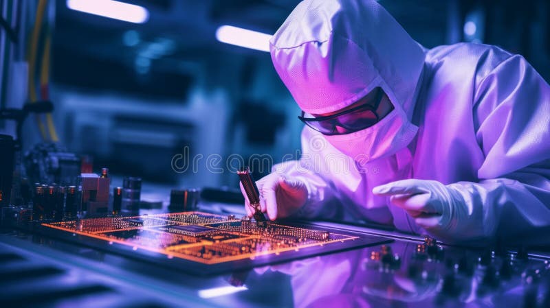 επεξεργαστής cpu στη σύγχρονη μητρική πλακέτα σε συνεργείο με μοβ ελαφρύ. διανυσματική απεικόνιση