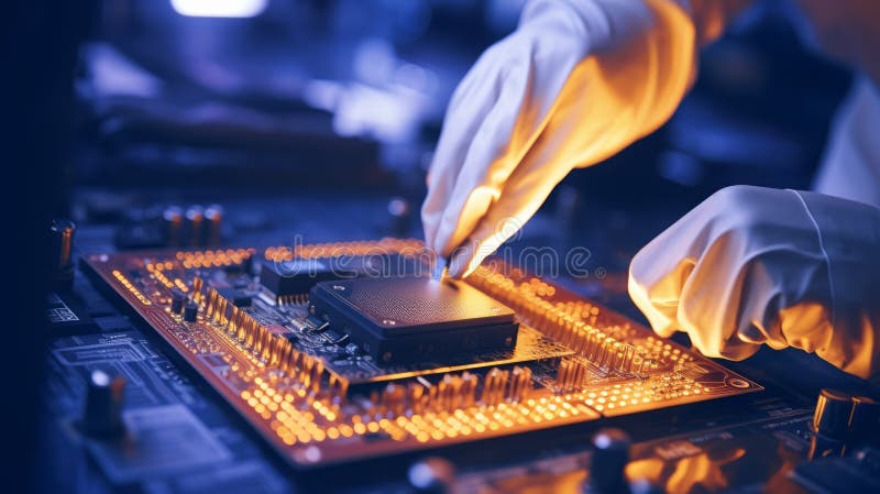 επεξεργαστής cpu στη σύγχρονη μητρική πλακέτα σε συνεργείο με μοβ ελαφρύ. νευρωνικό δίκτυο απεικόνιση αποθεμάτων