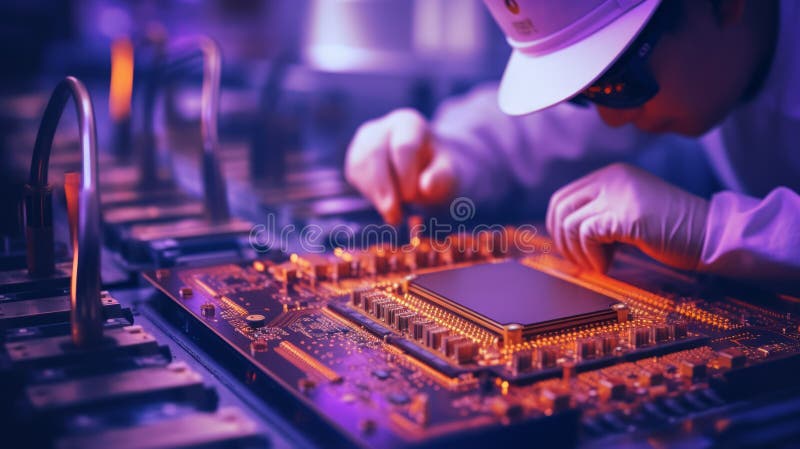 επεξεργαστής cpu στη σύγχρονη μητρική πλακέτα σε συνεργείο με μοβ ελαφρύ. τεχνητό δίκτυο διανυσματική απεικόνιση