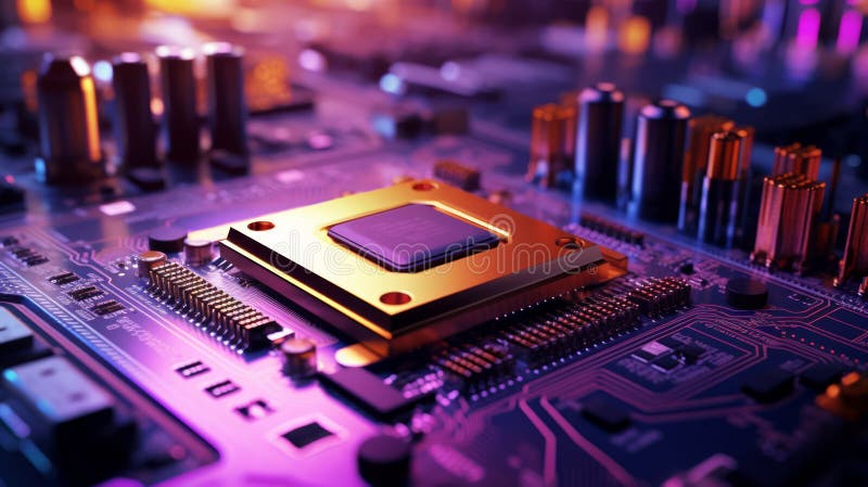 επεξεργαστής cpu στη σύγχρονη μητρική πλακέτα σε συνεργείο με μοβ ελαφρύ. τεχνητό δίκτυο απεικόνιση αποθεμάτων