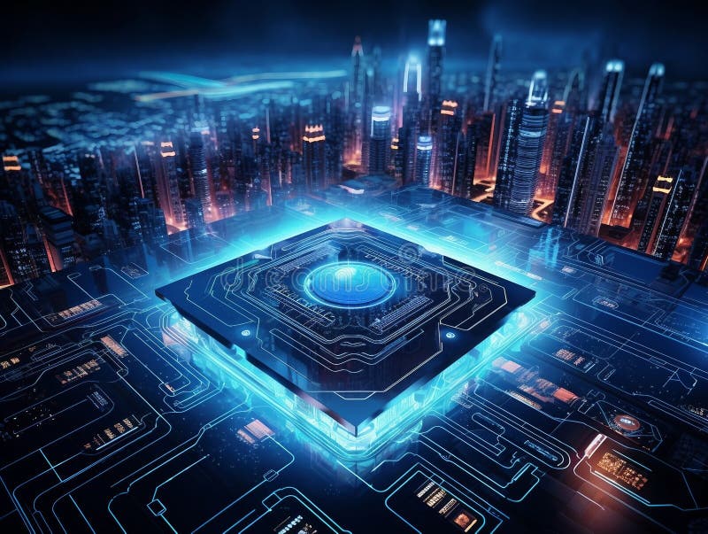 επεξεργαστής hightech ενσωματωμένος σε ψηφιακό κύκλωμα παραβλέποντας μοντέρνα πόλη. γενική ai απεικόνιση αποθεμάτων