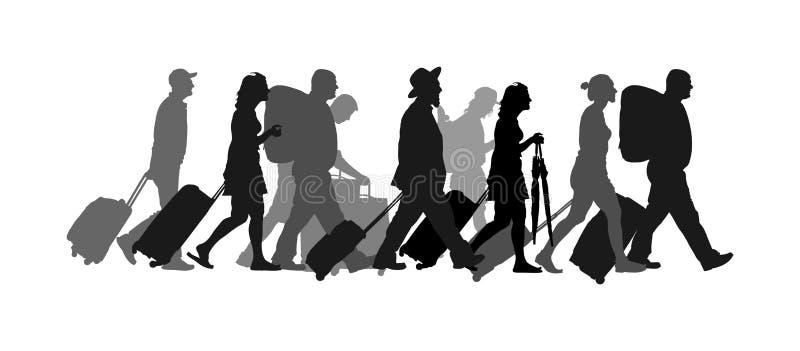 Passengers with luggage walking airport vector silhouette. Travelers with many bags go home. Man and woman carry baggage. People with heavy cargo load waiting taxi after holiday. Refugees on border. Passengers with luggage walking airport vector silhouette. Travelers with many bags go home. Man and woman carry baggage. People with heavy cargo load waiting taxi after holiday. Refugees on border