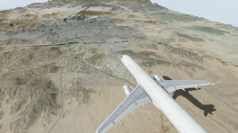 Επιβάτης αεροπλάνου που πετούν στο makkah και οι ιεροί τόποι στο φως της ημέρας απεικόνιση αποθεμάτων